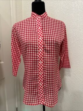 Vintage Red and White Gingham Button-Up Blouse With 3/4 Sleeve